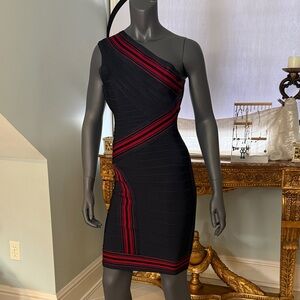 Herve Leger Navy Blue and Red One-Shoulder Dress